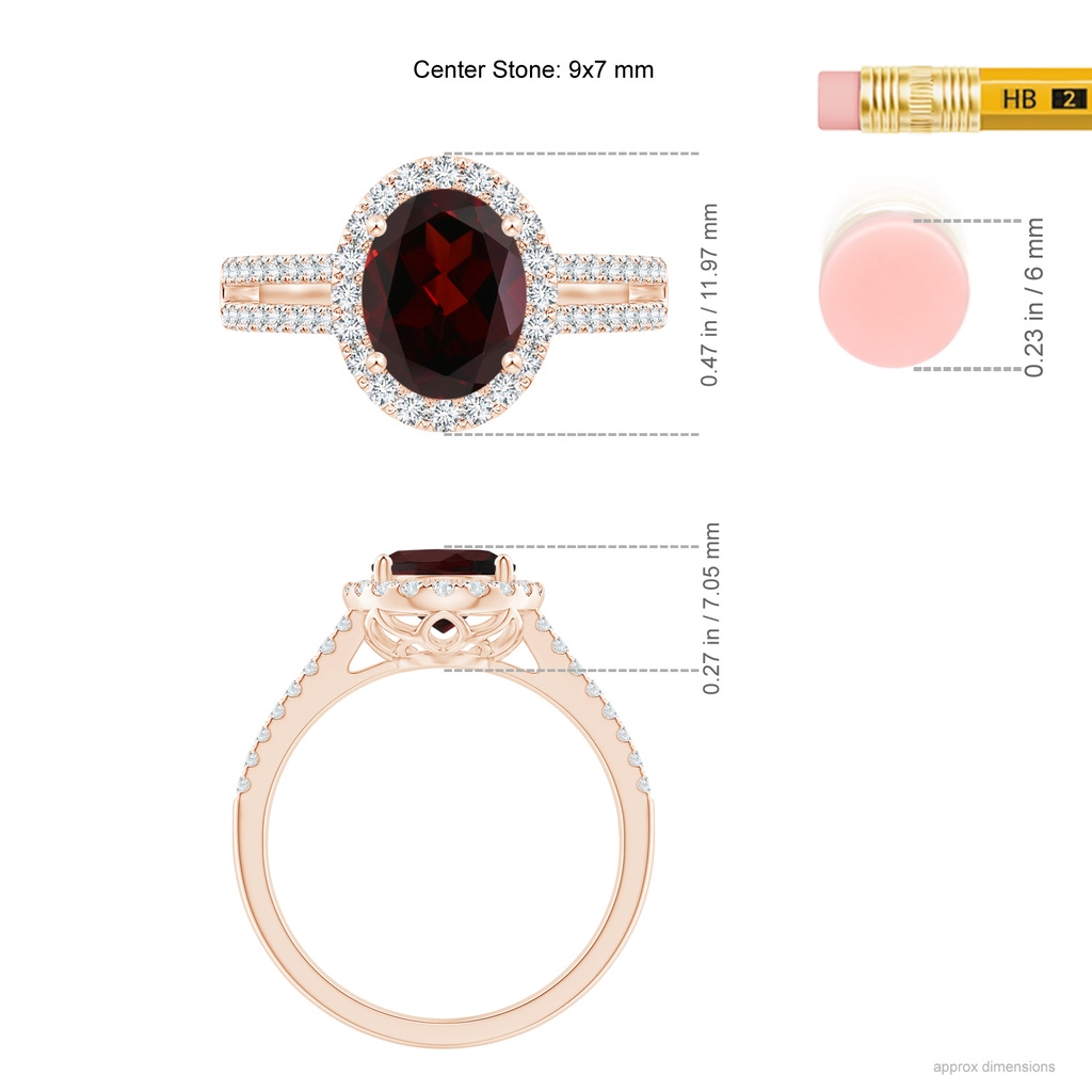9x7mm A Oval Garnet Split Shank Halo Ring with Diamonds in Rose Gold Ruler