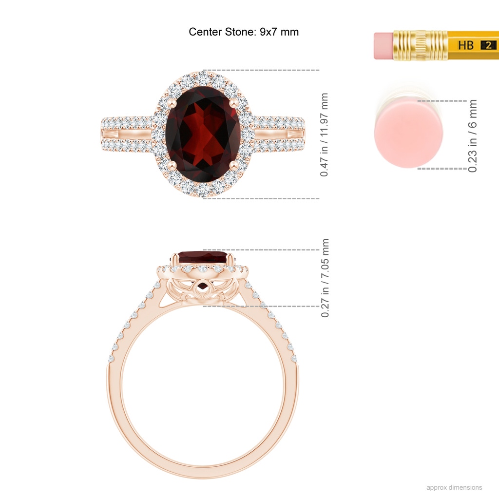 9x7mm AA Oval Garnet Split Shank Halo Ring with Diamonds in Rose Gold Ruler