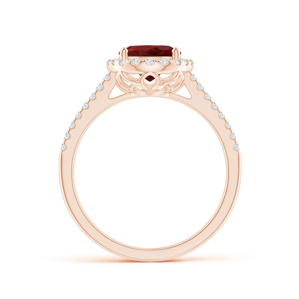 9x7mm AAAA Oval Garnet Split Shank Halo Ring with Diamonds in Rose Gold Side-1