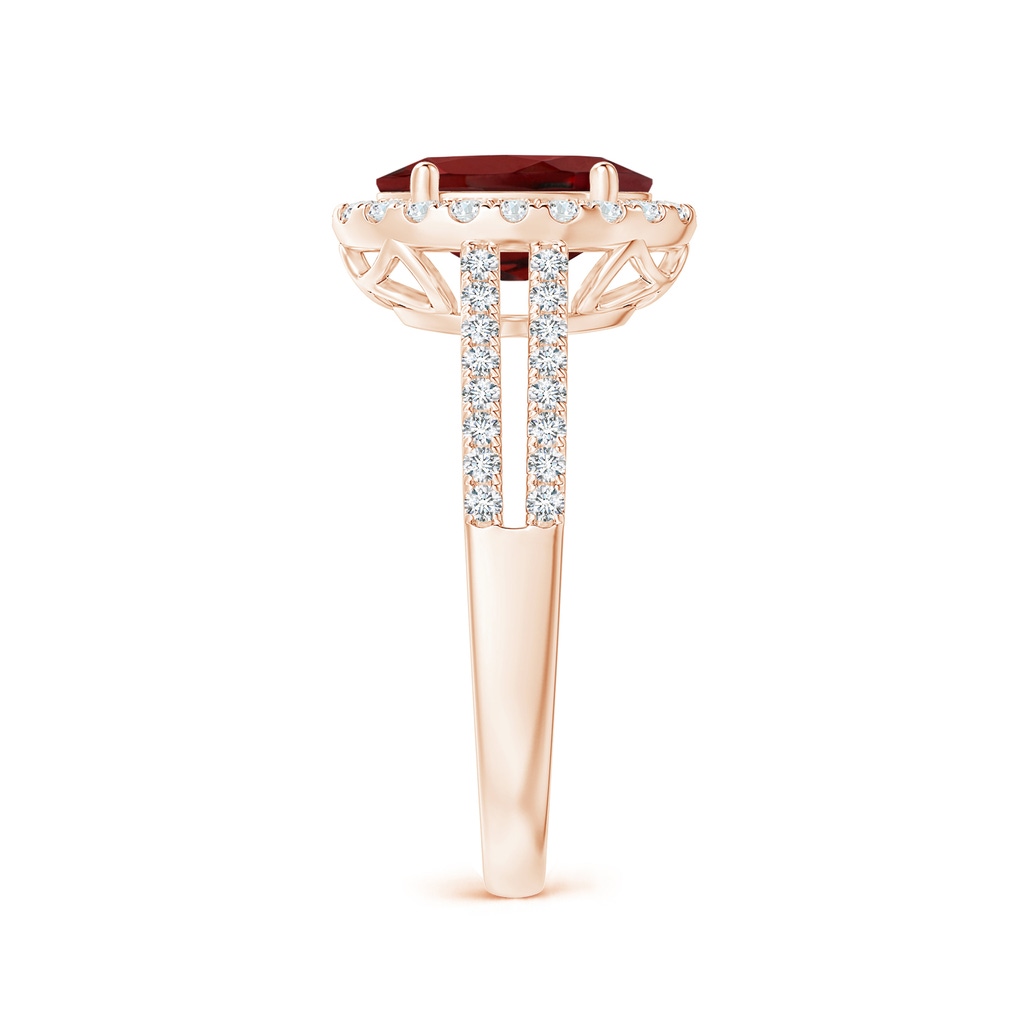 9x7mm AAAA Oval Garnet Split Shank Halo Ring with Diamonds in Rose Gold Side-2