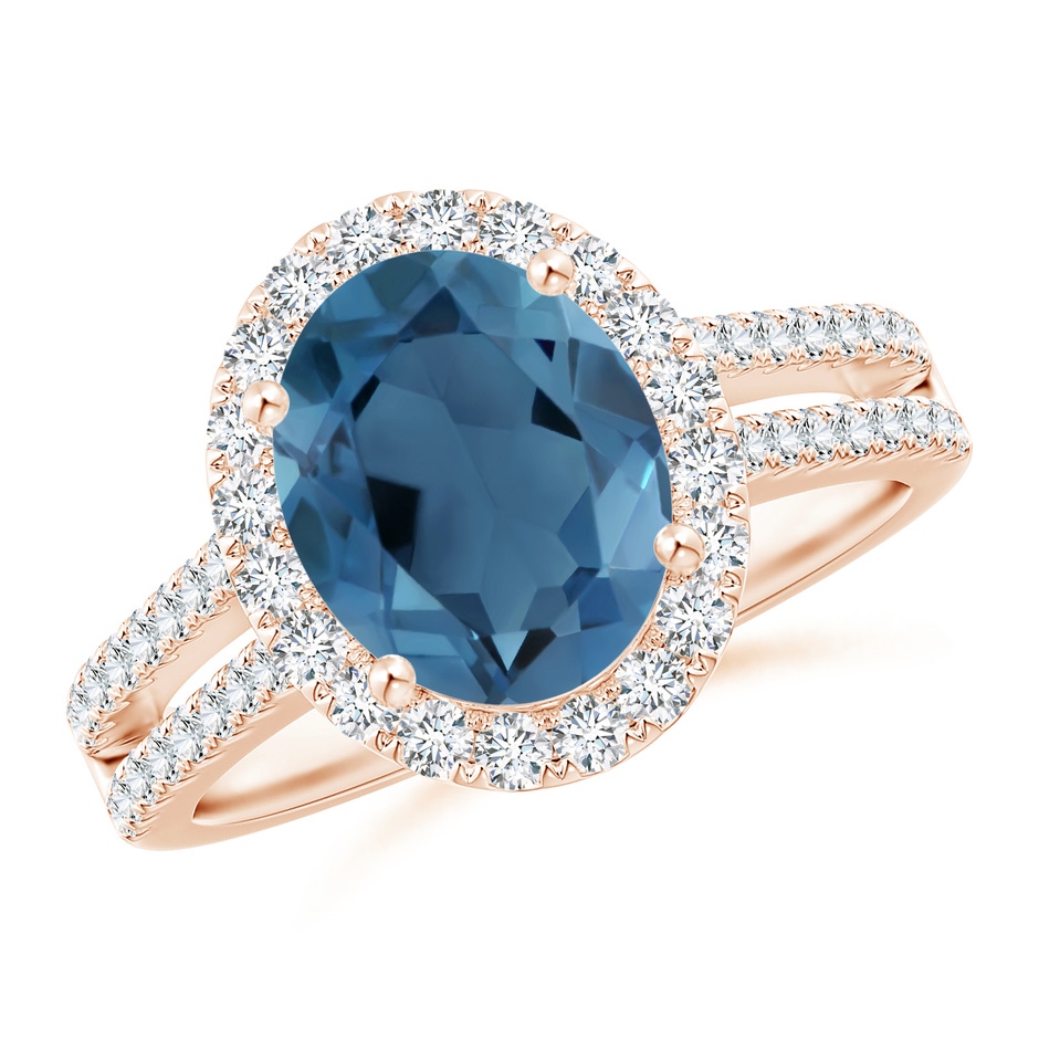 10x8mm A Oval London Blue Topaz Split Shank Halo Ring with Diamonds in Rose Gold 