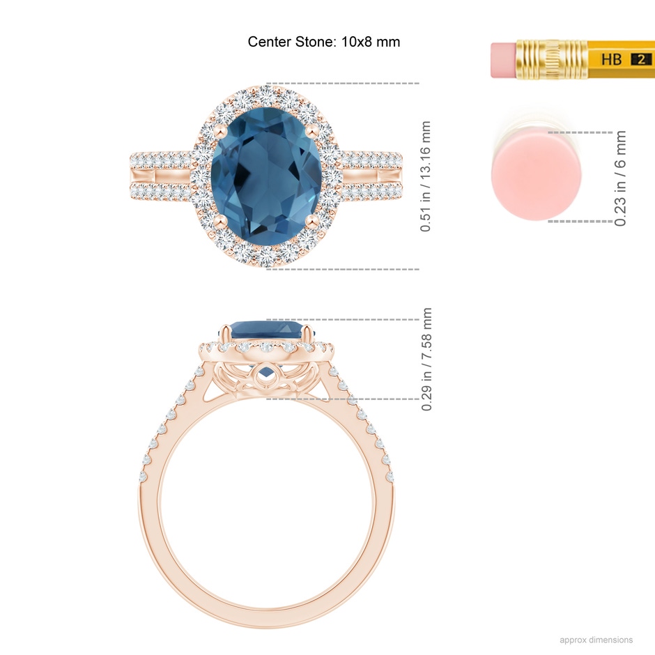 10x8mm A Oval London Blue Topaz Split Shank Halo Ring with Diamonds in Rose Gold ruler