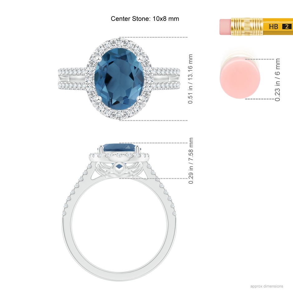 10x8mm A Oval London Blue Topaz Split Shank Halo Ring with Diamonds in White Gold ruler