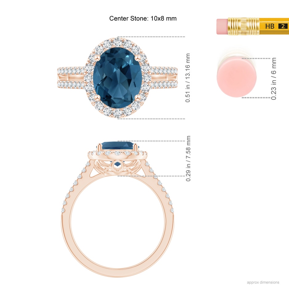 10x8mm AA Oval London Blue Topaz Split Shank Halo Ring with Diamonds in Rose Gold ruler
