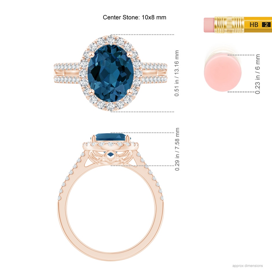 10x8mm AAA Oval London Blue Topaz Split Shank Halo Ring with Diamonds in Rose Gold ruler