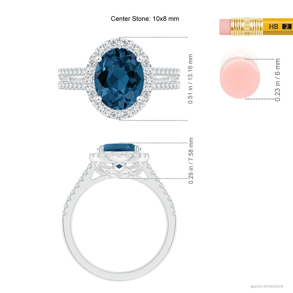 10x8mm AAA Oval London Blue Topaz Split Shank Halo Ring with Diamonds in White Gold ruler