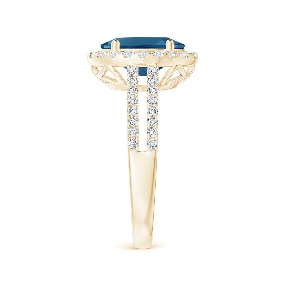 10x8mm AAA Oval London Blue Topaz Split Shank Halo Ring with Diamonds in Yellow Gold side 2