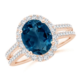 10x8mm AAAA Oval London Blue Topaz Split Shank Halo Ring with Diamonds in Rose Gold