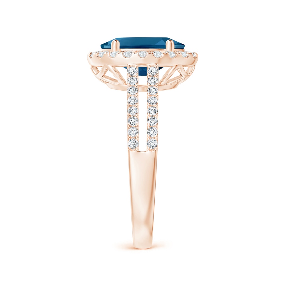 10x8mm AAAA Oval London Blue Topaz Split Shank Halo Ring with Diamonds in Rose Gold side 2