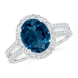 10x8mm AAAA Oval London Blue Topaz Split Shank Halo Ring with Diamonds in White Gold