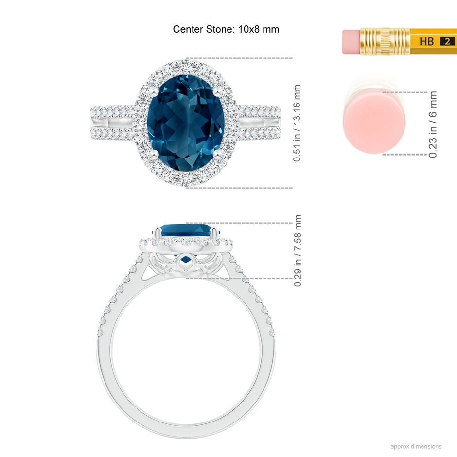 10x8mm AAAA Oval London Blue Topaz Split Shank Halo Ring with Diamonds in White Gold ruler