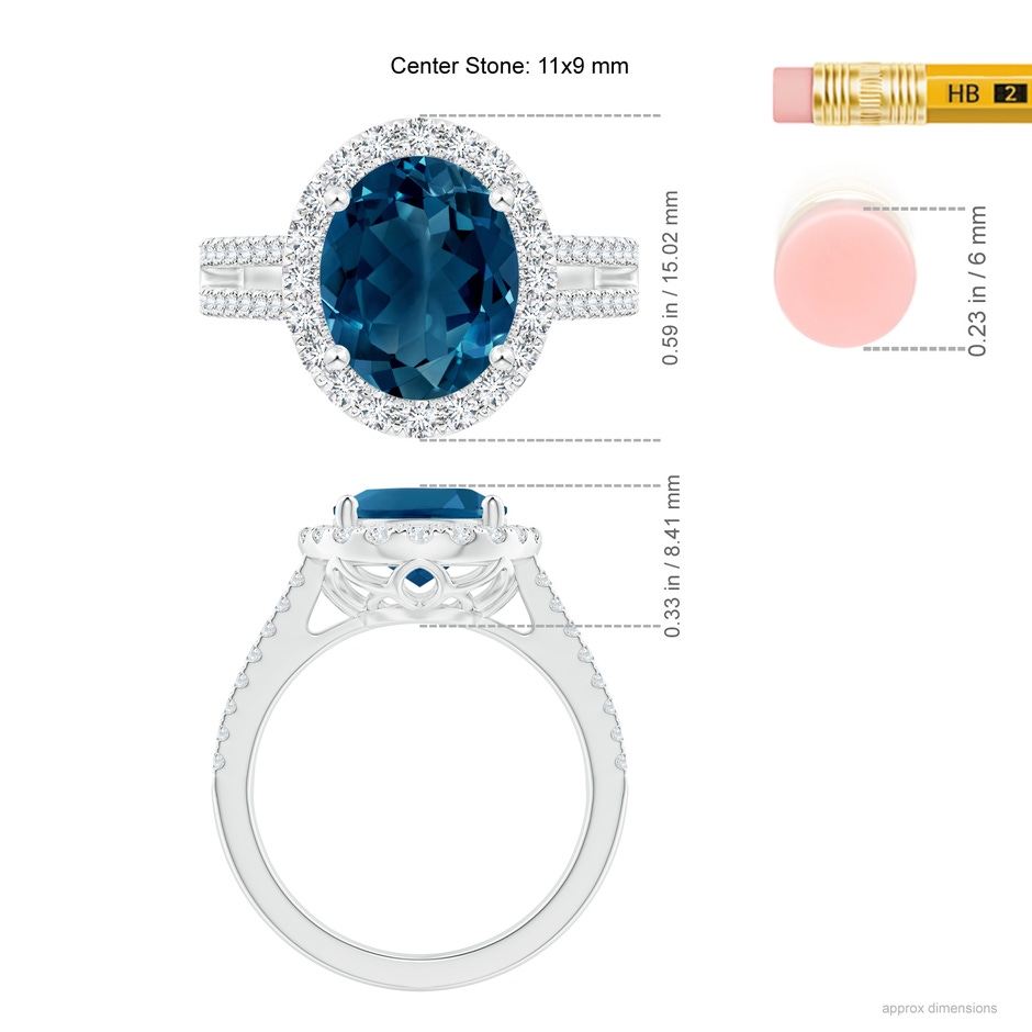 11x9mm AAAA Oval London Blue Topaz Split Shank Halo Ring with Diamonds in P950 Platinum ruler