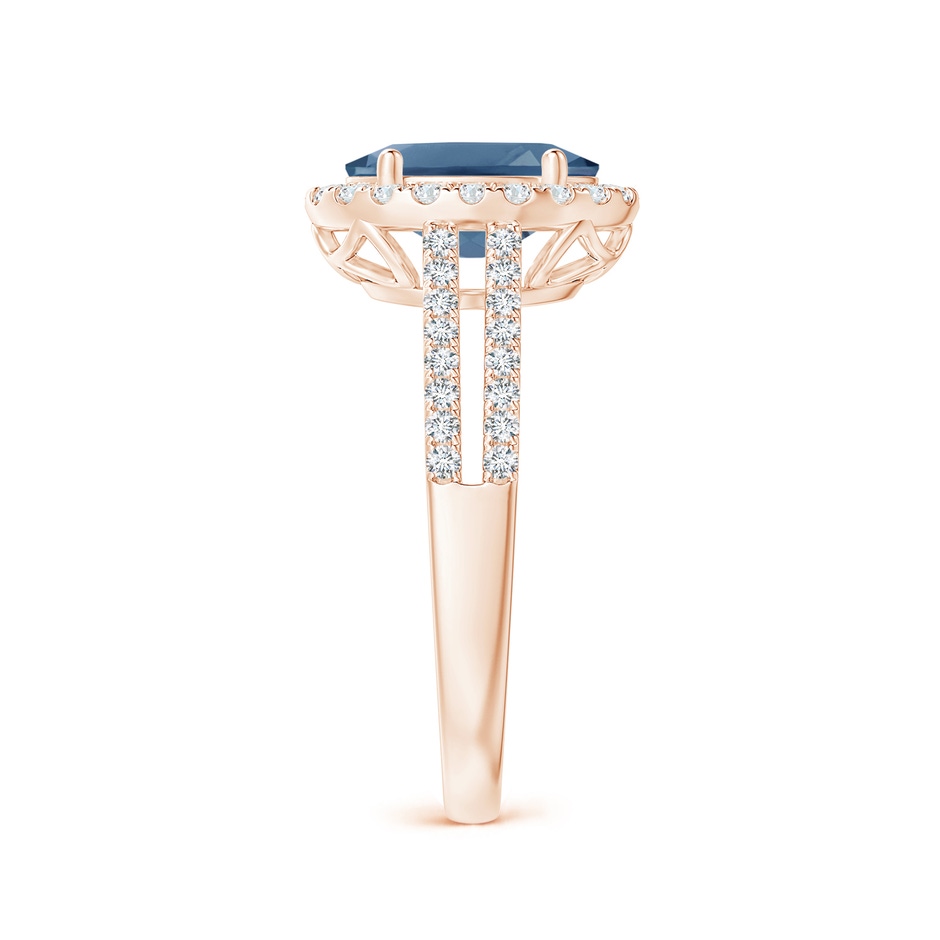 9x7mm A Oval London Blue Topaz Split Shank Halo Ring with Diamonds in Rose Gold side 2