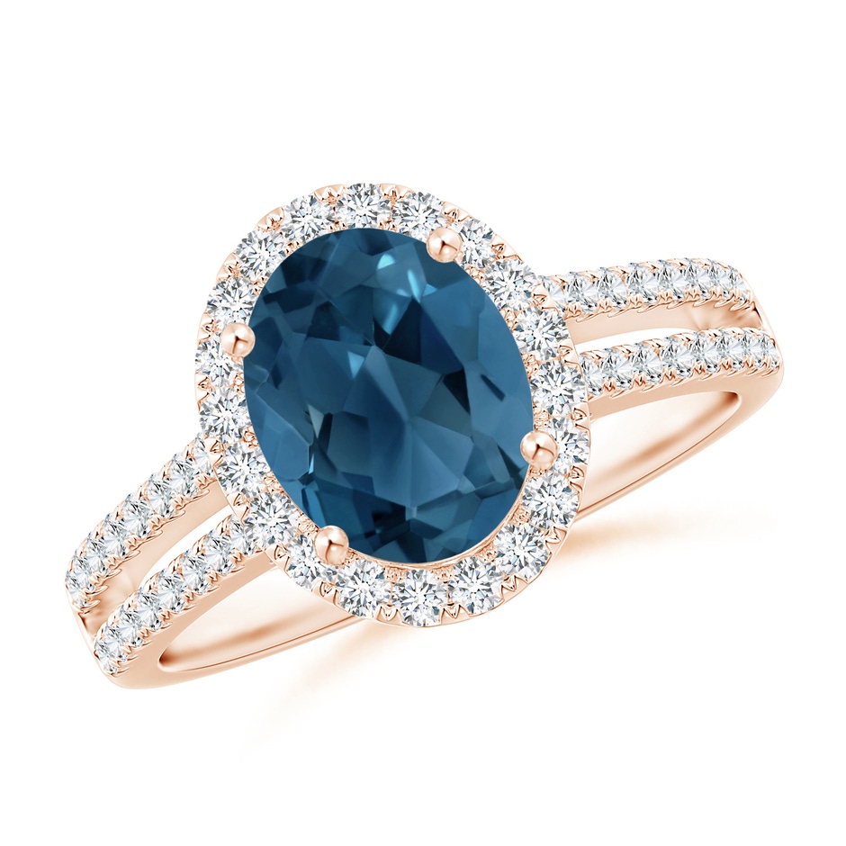 9x7mm AA Oval London Blue Topaz Split Shank Halo Ring with Diamonds in Rose Gold 