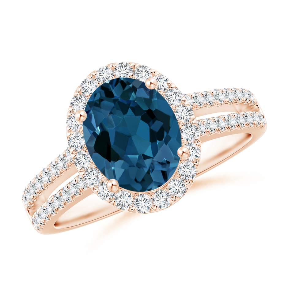 9x7mm AAA Oval London Blue Topaz Split Shank Halo Ring with Diamonds in Rose Gold 