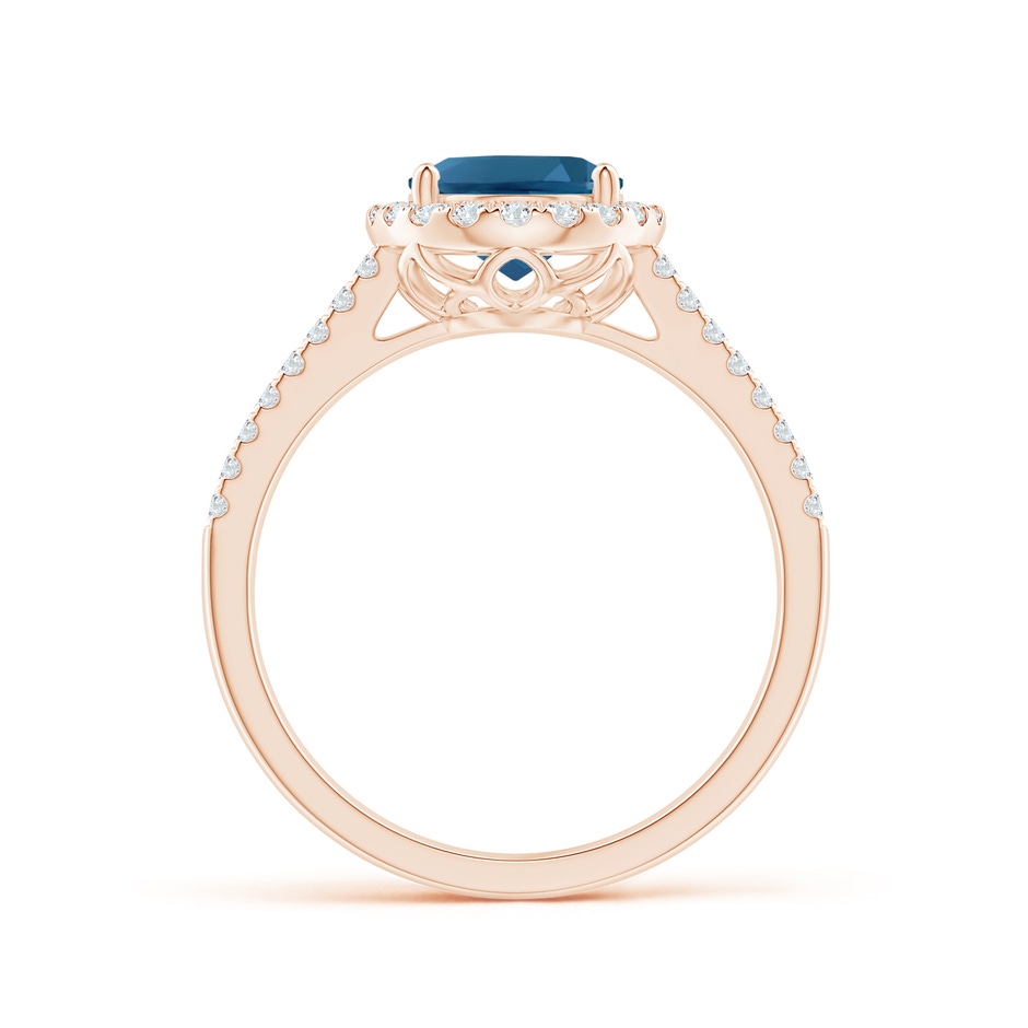9x7mm AAA Oval London Blue Topaz Split Shank Halo Ring with Diamonds in Rose Gold side 1