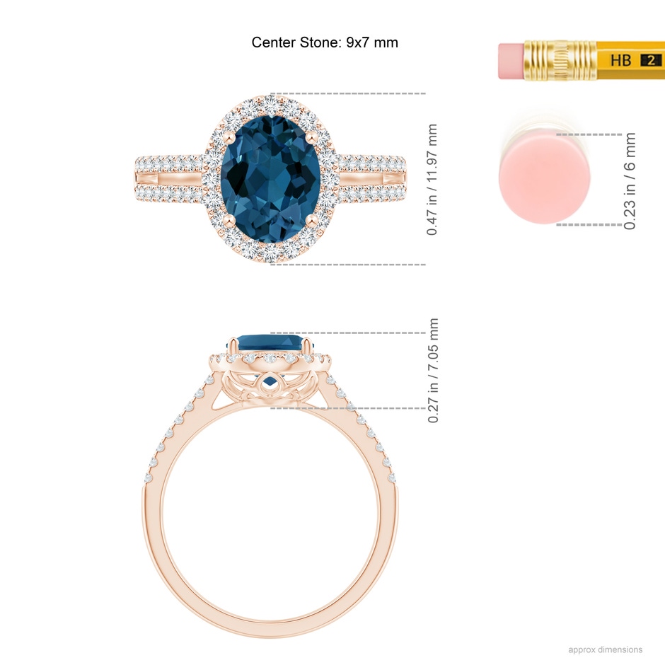 9x7mm AAA Oval London Blue Topaz Split Shank Halo Ring with Diamonds in Rose Gold ruler