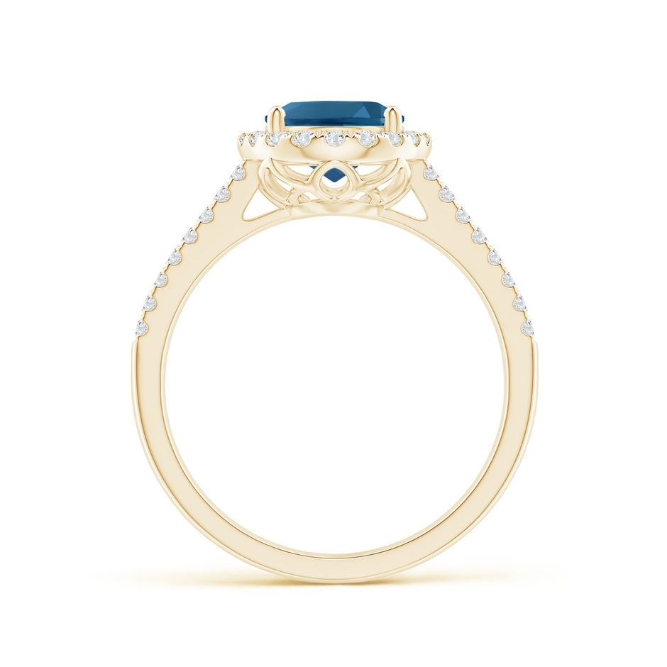 9x7mm AAA Oval London Blue Topaz Split Shank Halo Ring with Diamonds in Yellow Gold side 1