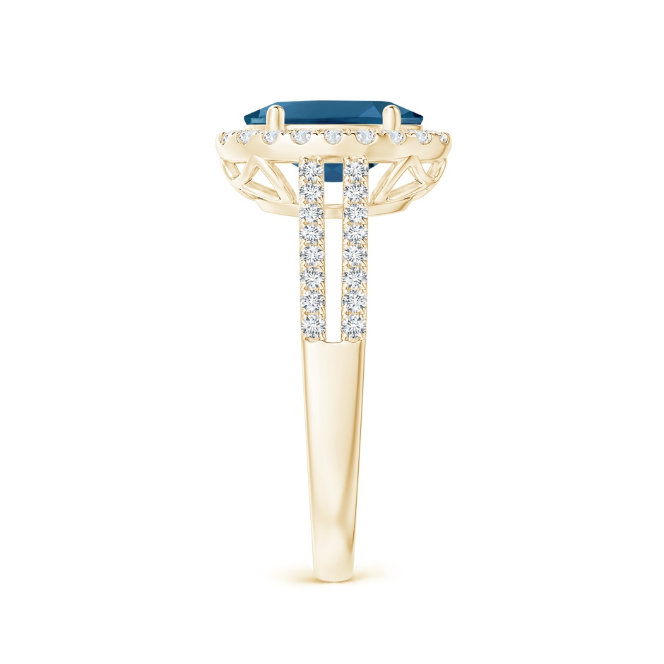 9x7mm AAA Oval London Blue Topaz Split Shank Halo Ring with Diamonds in Yellow Gold side 2