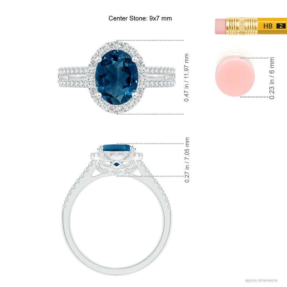 9x7mm AAAA Oval London Blue Topaz Split Shank Halo Ring with Diamonds in White Gold ruler
