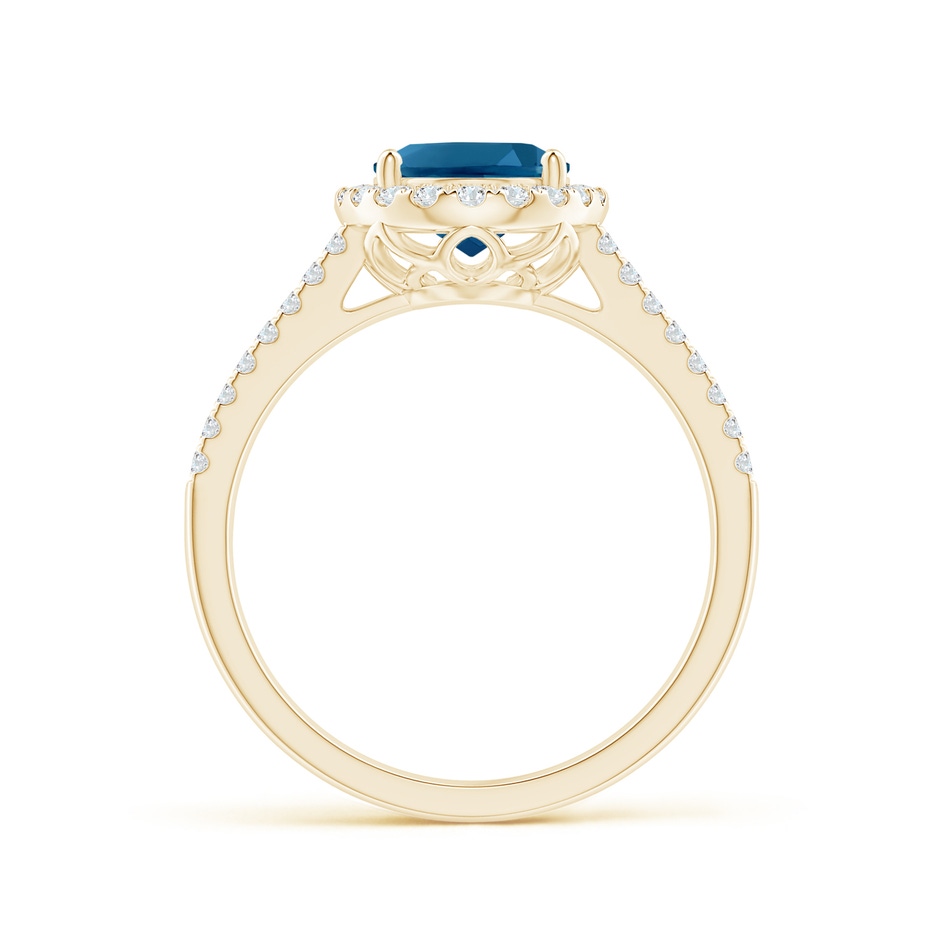 9x7mm AAAA Oval London Blue Topaz Split Shank Halo Ring with Diamonds in Yellow Gold side 1