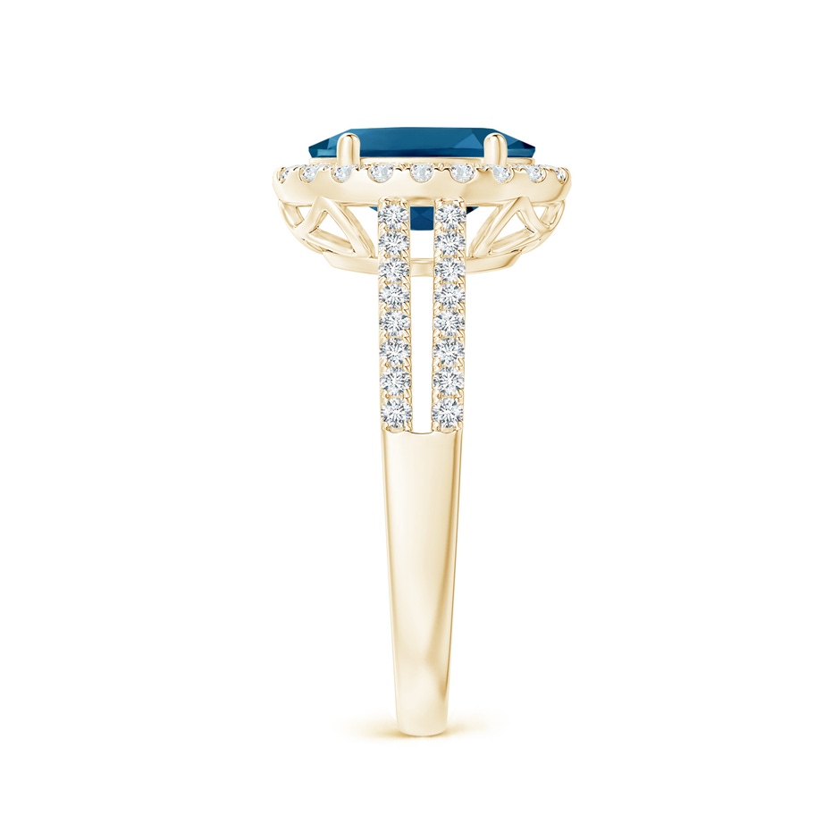 9x7mm AAAA Oval London Blue Topaz Split Shank Halo Ring with Diamonds in Yellow Gold side 2
