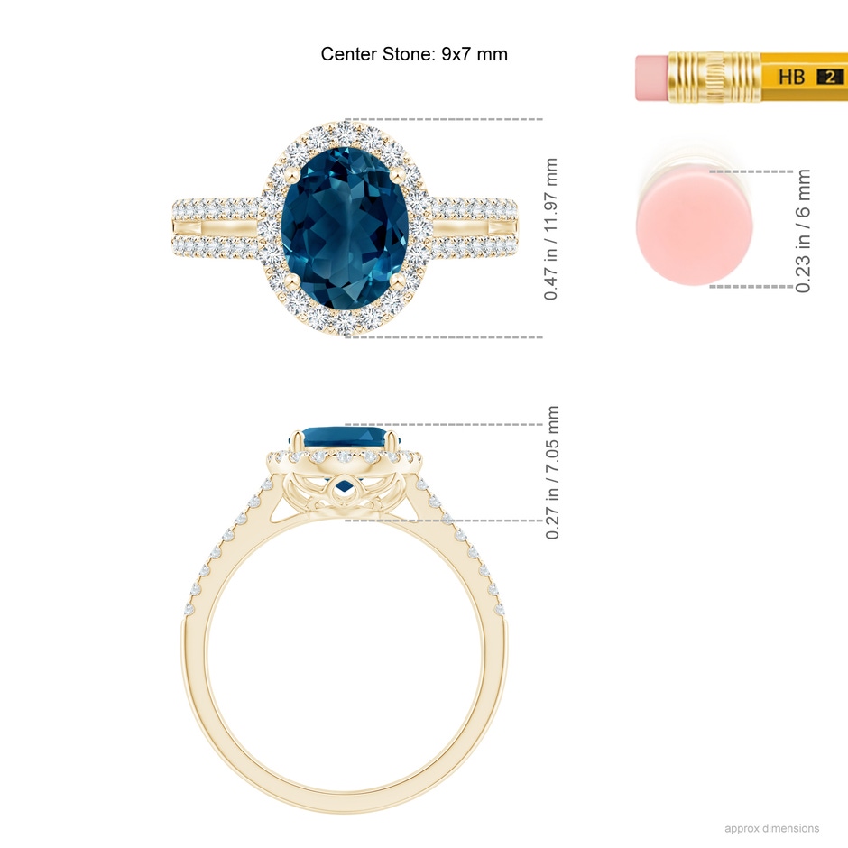 9x7mm AAAA Oval London Blue Topaz Split Shank Halo Ring with Diamonds in Yellow Gold ruler