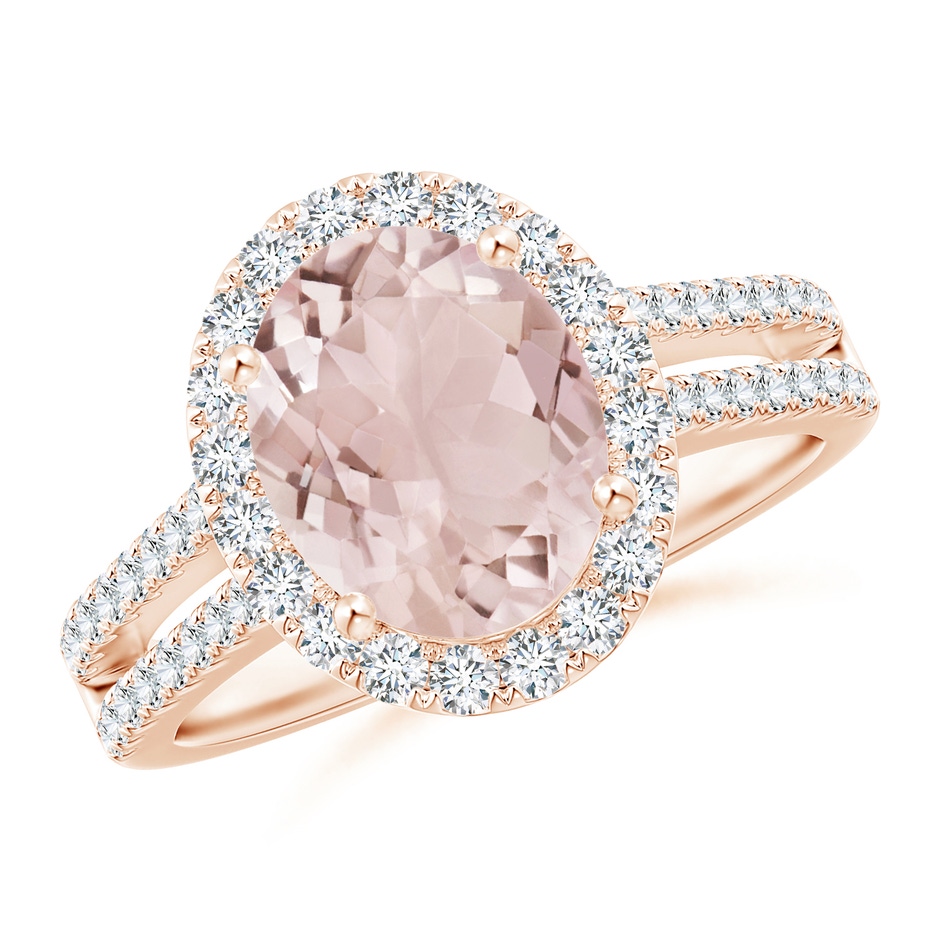 10x8mm A Oval Morganite Split Shank Halo Ring with Diamonds in Rose Gold 