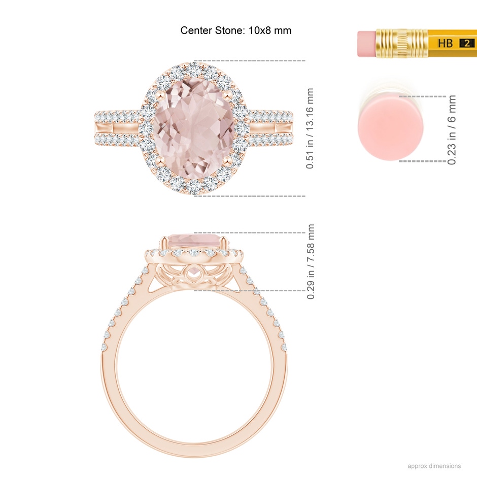 10x8mm A Oval Morganite Split Shank Halo Ring with Diamonds in Rose Gold ruler
