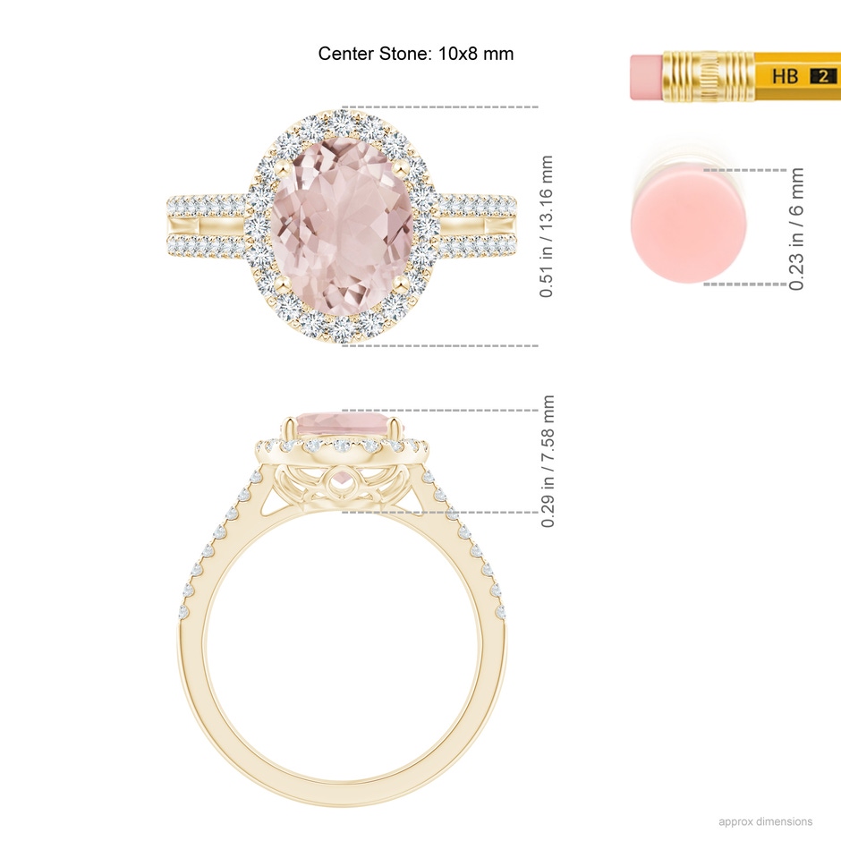 10x8mm A Oval Morganite Split Shank Halo Ring with Diamonds in Yellow Gold ruler