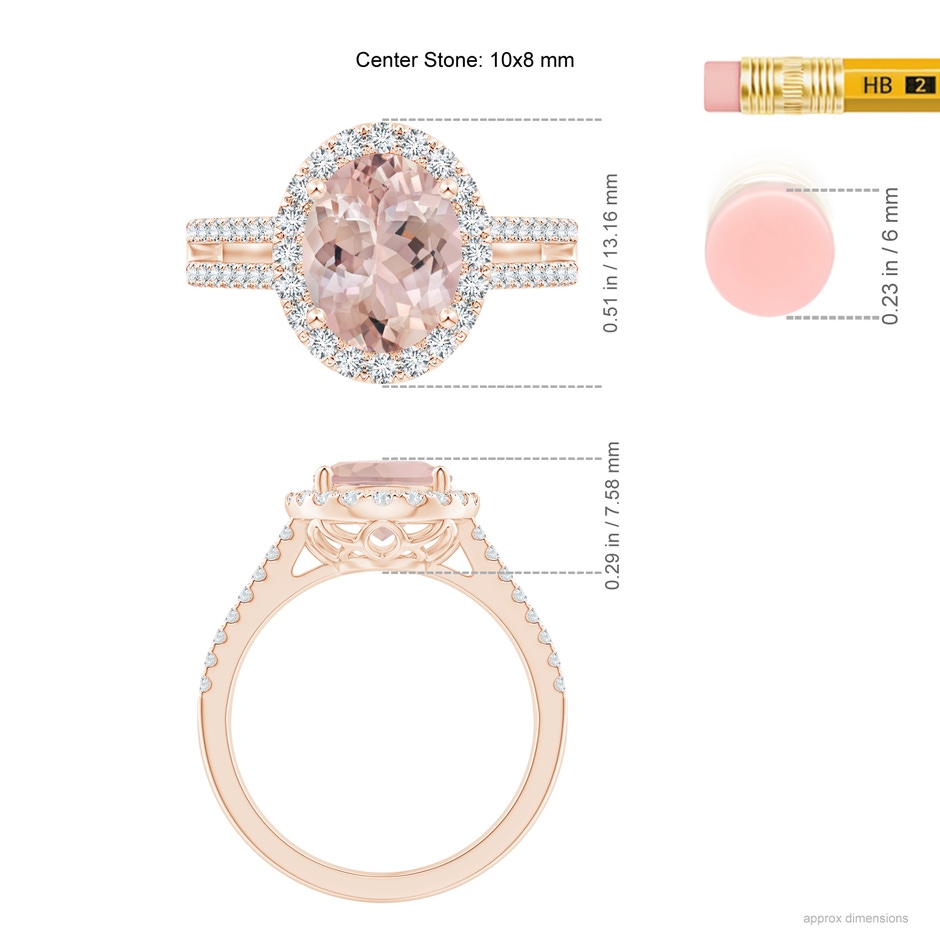 10x8mm AA Oval Morganite Split Shank Halo Ring with Diamonds in Rose Gold ruler