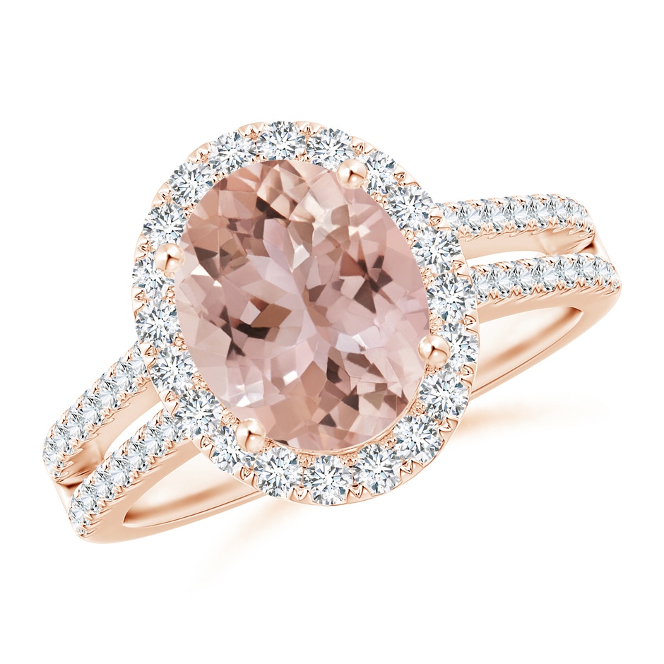 10x8mm AAA Oval Morganite Split Shank Halo Ring with Diamonds in Rose Gold 