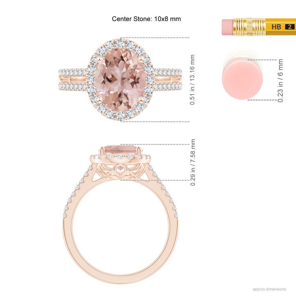 10x8mm AAA Oval Morganite Split Shank Halo Ring with Diamonds in Rose Gold ruler