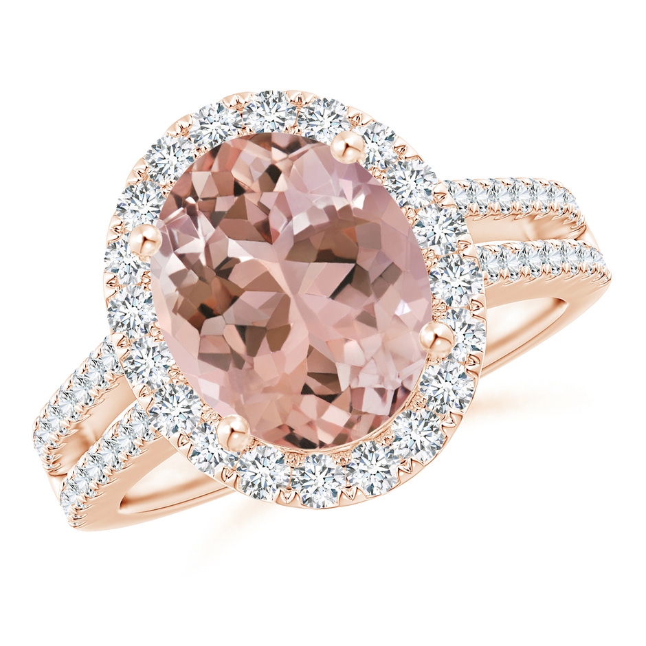 11x9mm AAAA Oval Morganite Split Shank Halo Ring with Diamonds in Rose Gold 