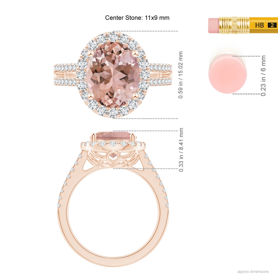 11x9mm AAAA Oval Morganite Split Shank Halo Ring with Diamonds in Rose Gold ruler