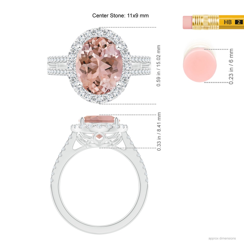 11x9mm AAAA Oval Morganite Split Shank Halo Ring with Diamonds in White Gold ruler