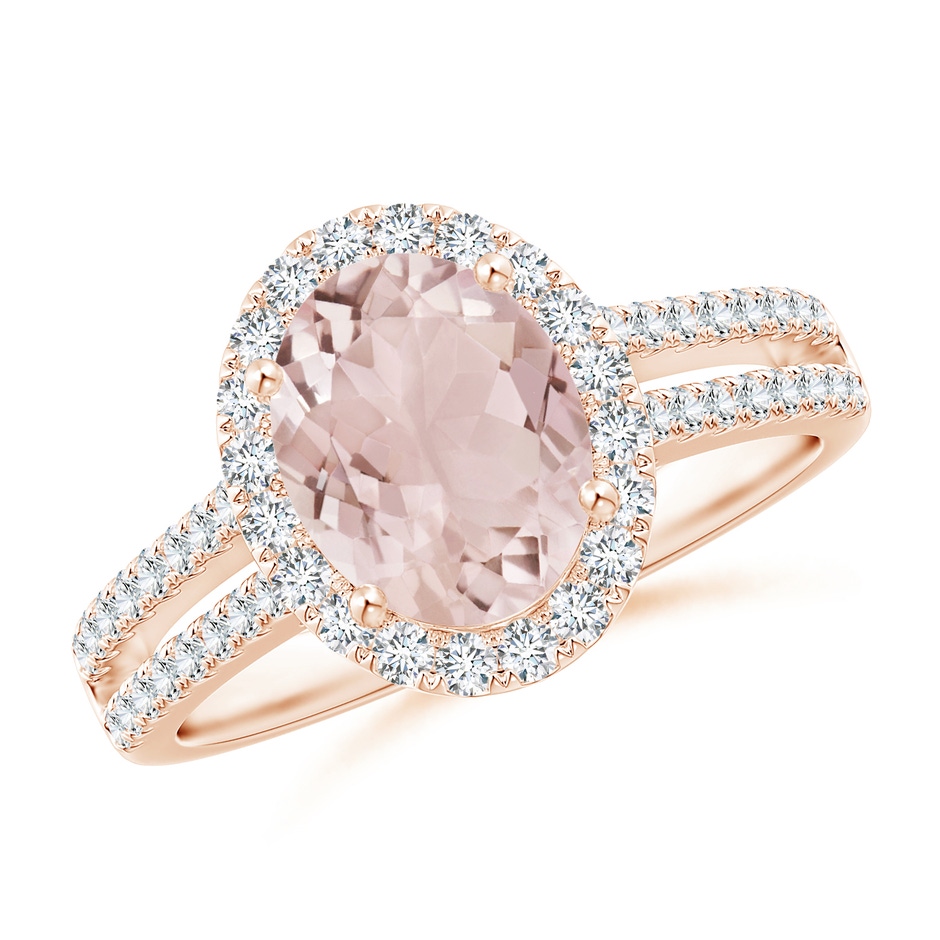 9x7mm A Oval Morganite Split Shank Halo Ring with Diamonds in Rose Gold 
