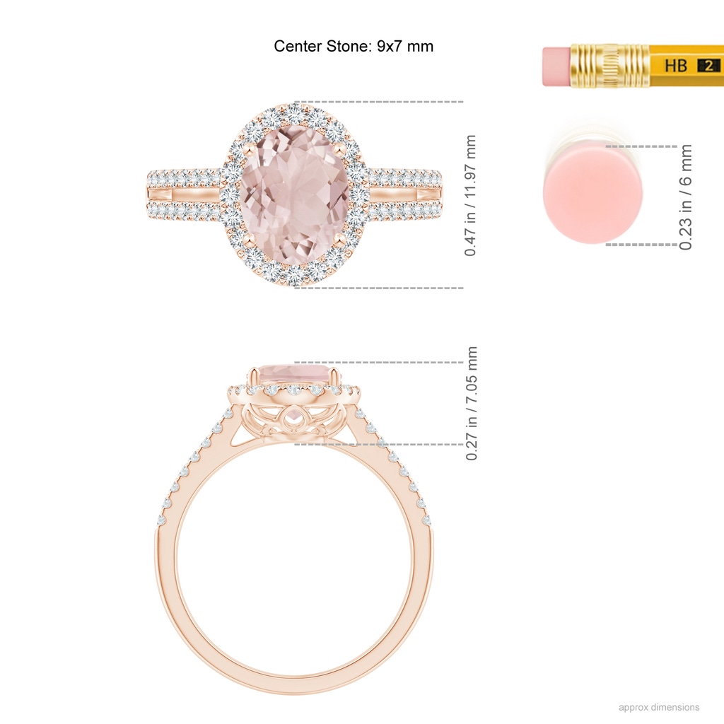9x7mm A Oval Morganite Split Shank Halo Ring with Diamonds in Rose Gold Ruler