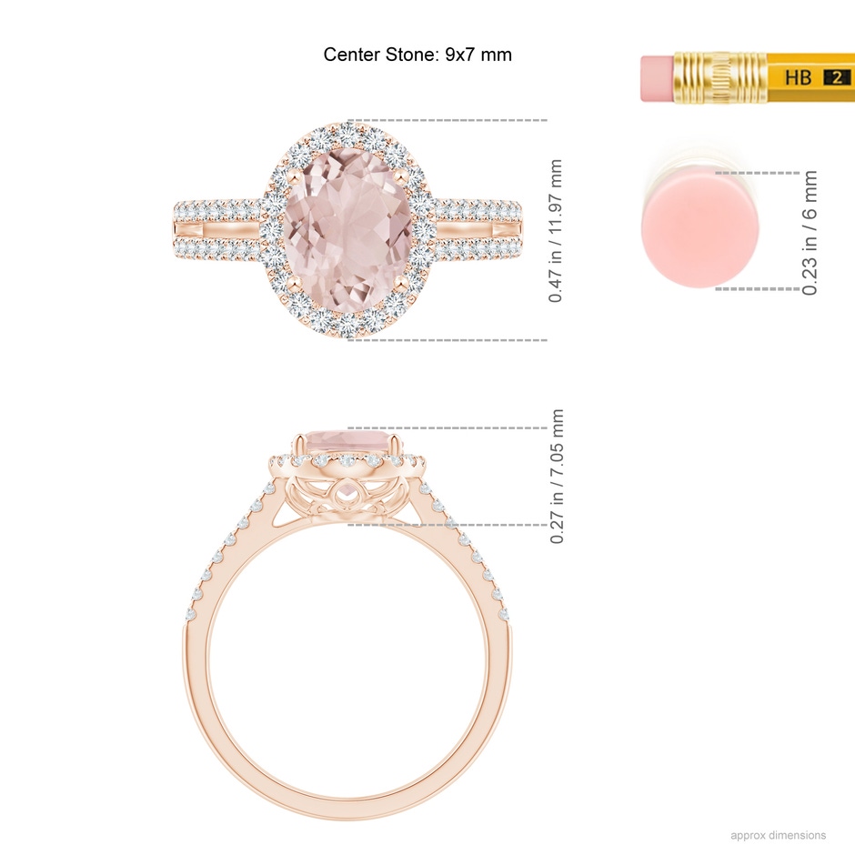 9x7mm A Oval Morganite Split Shank Halo Ring with Diamonds in Rose Gold ruler
