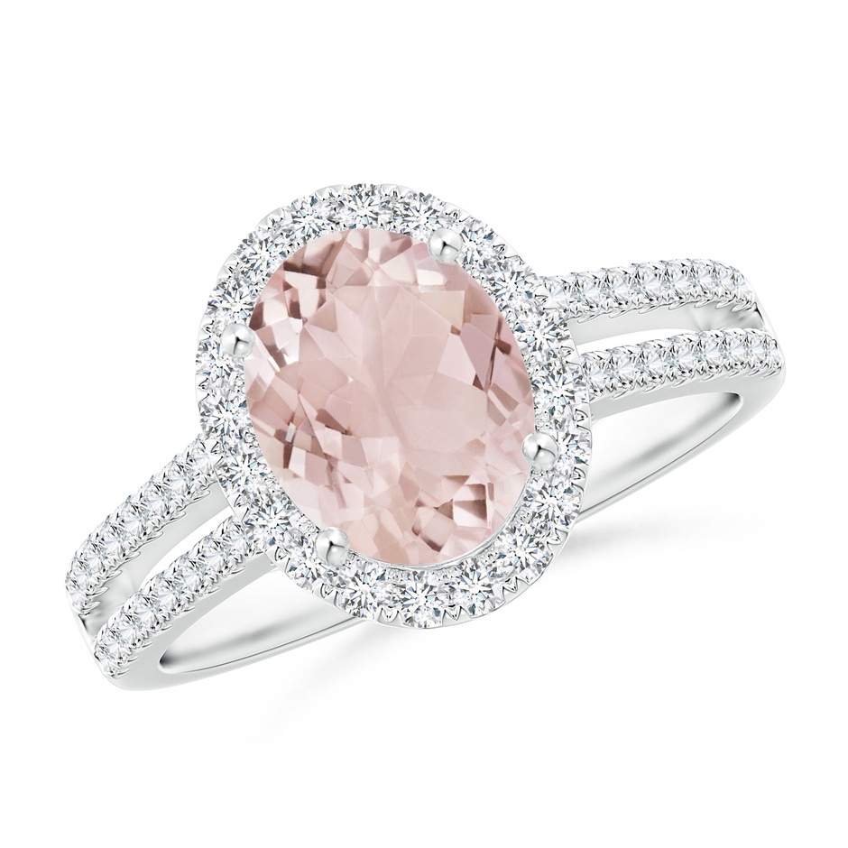 9x7mm A Oval Morganite Split Shank Halo Ring with Diamonds in White Gold 