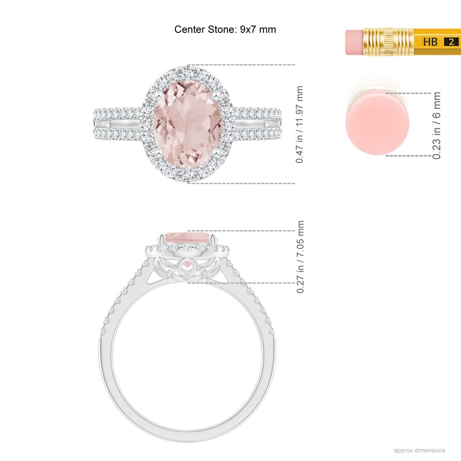 9x7mm A Oval Morganite Split Shank Halo Ring with Diamonds in White Gold ruler