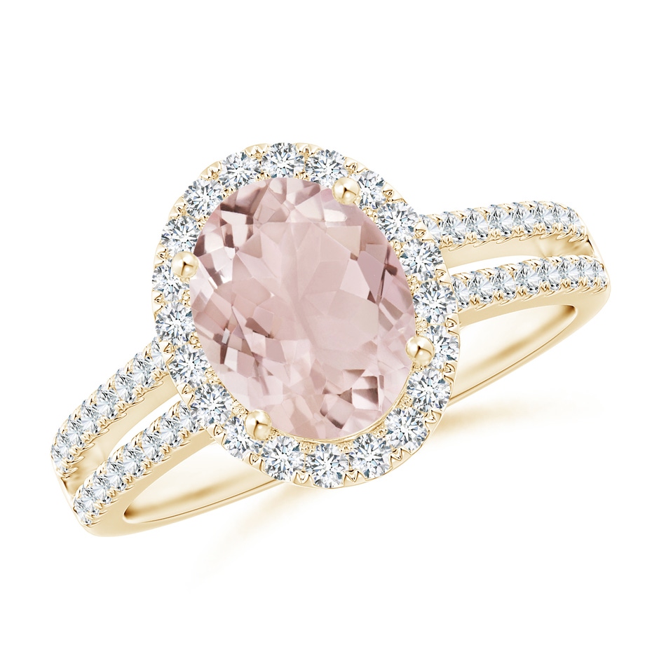 9x7mm A Oval Morganite Split Shank Halo Ring with Diamonds in Yellow Gold 