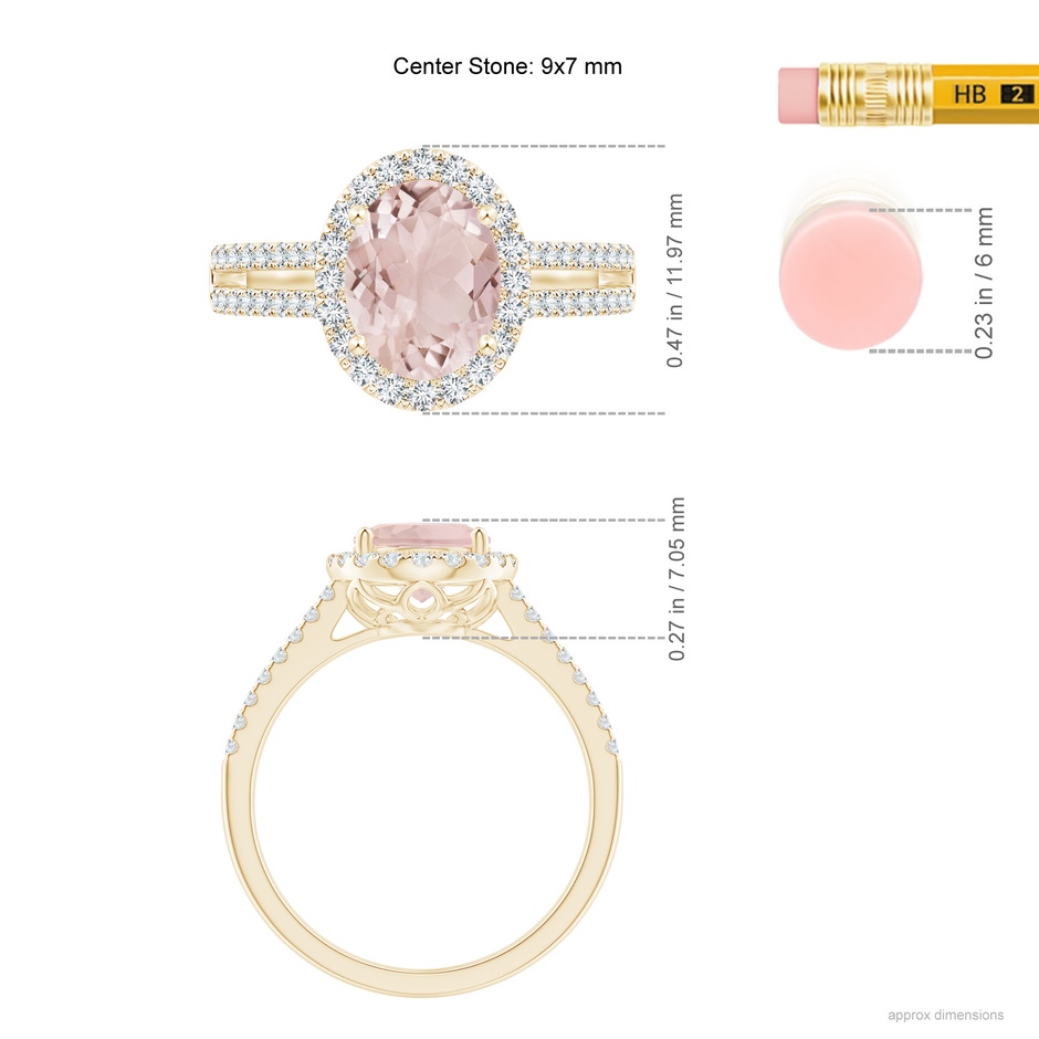 9x7mm A Oval Morganite Split Shank Halo Ring with Diamonds in Yellow Gold ruler