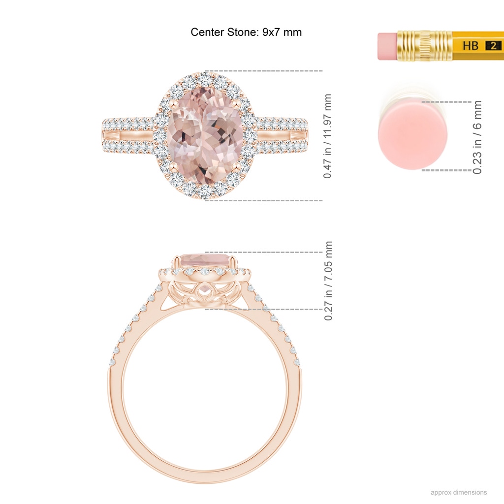 9x7mm AA Oval Morganite Split Shank Halo Ring with Diamonds in Rose Gold Ruler
