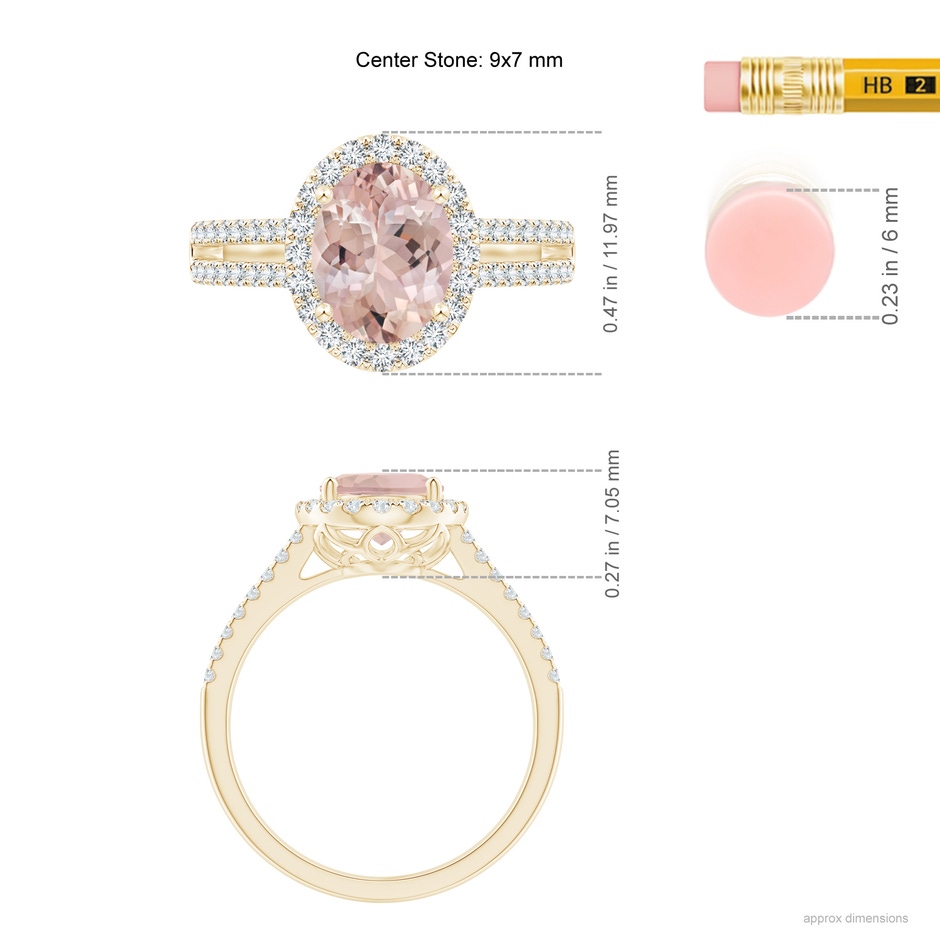 9x7mm AA Oval Morganite Split Shank Halo Ring with Diamonds in Yellow Gold ruler