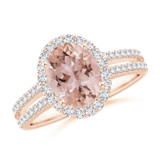 9x7mm AAA Oval Morganite Split Shank Halo Ring with Diamonds in Rose Gold