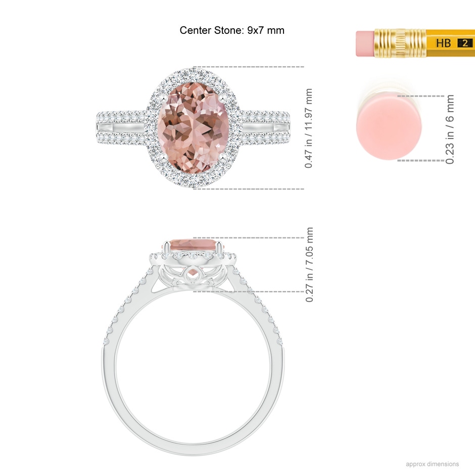 9x7mm AAAA Oval Morganite Split Shank Halo Ring with Diamonds in White Gold ruler