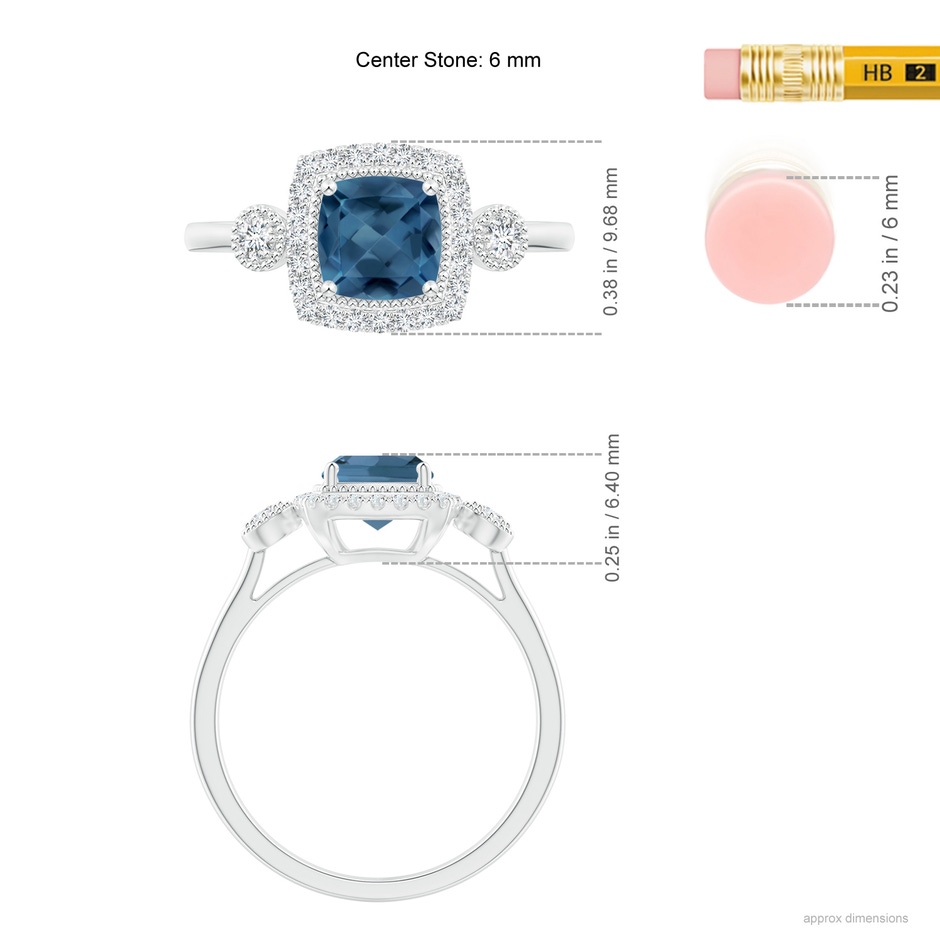 6mm A Cushion London Blue Topaz Halo Engagement Ring with Milgrain in White Gold ruler