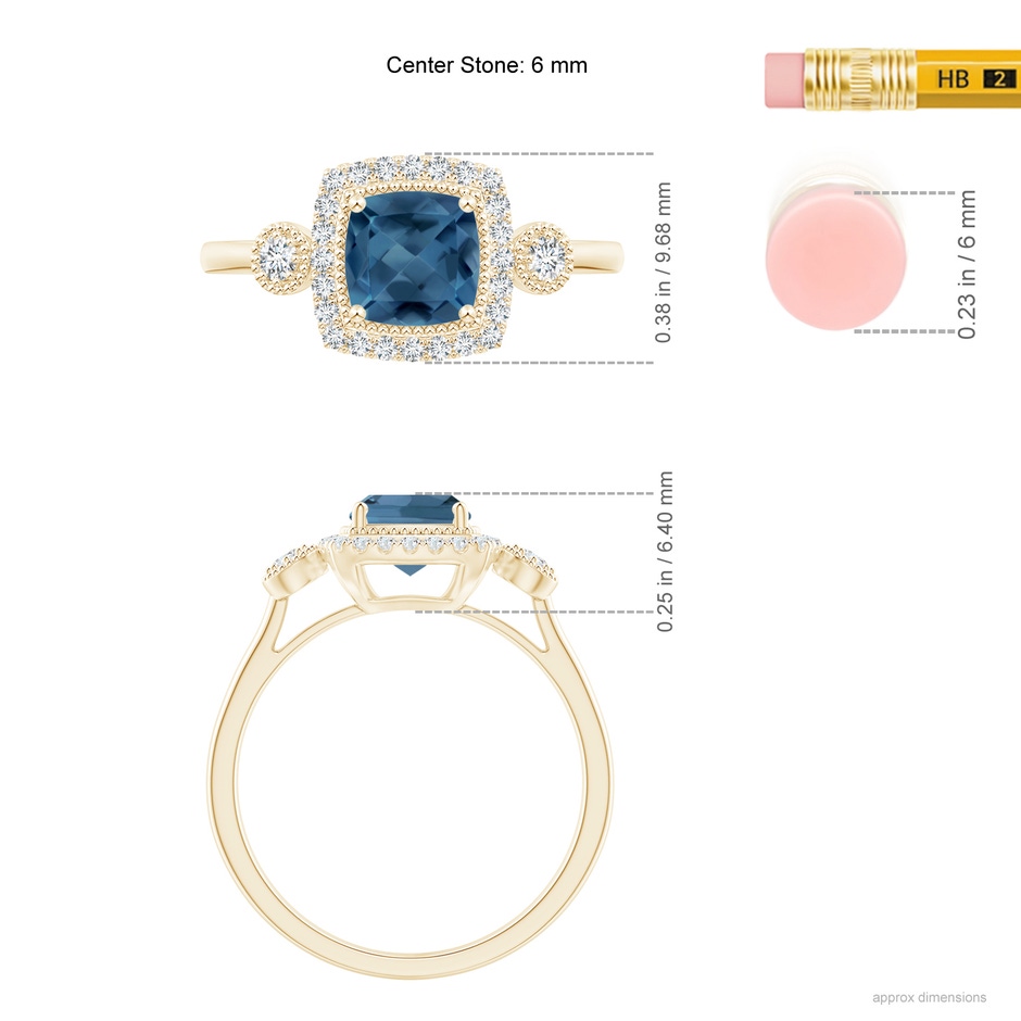 6mm A Cushion London Blue Topaz Halo Engagement Ring with Milgrain in Yellow Gold ruler