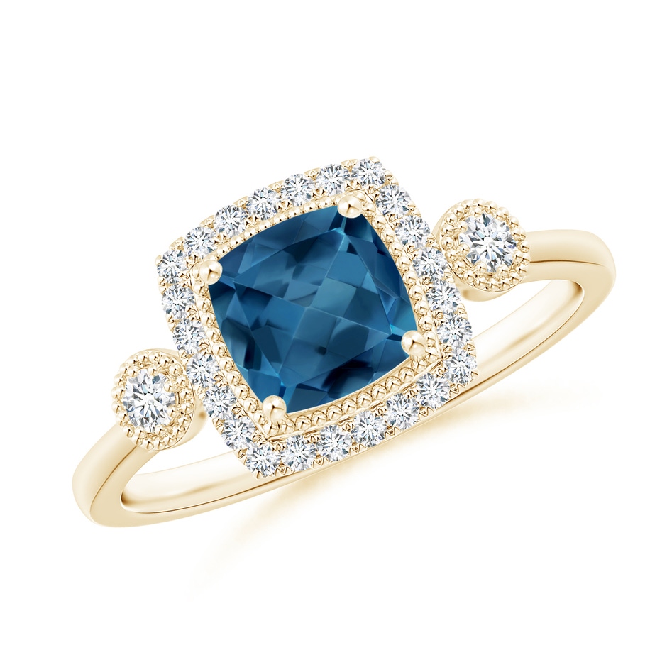6mm AA Cushion London Blue Topaz Halo Engagement Ring with Milgrain in Yellow Gold 